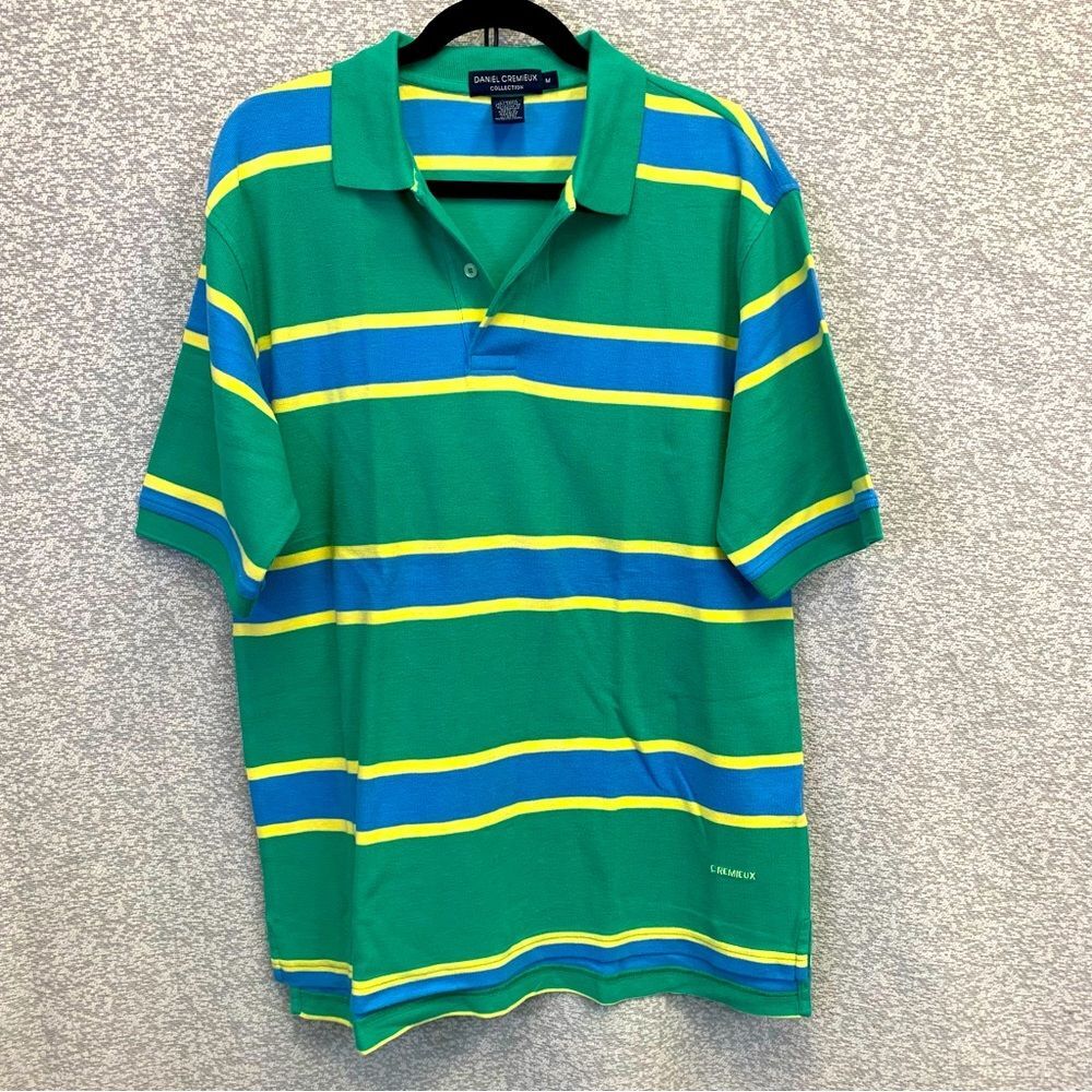 DANIEL CREMIEUX Collection Men's Polo Shirt Green Yellow Blue Stripe Medium #500